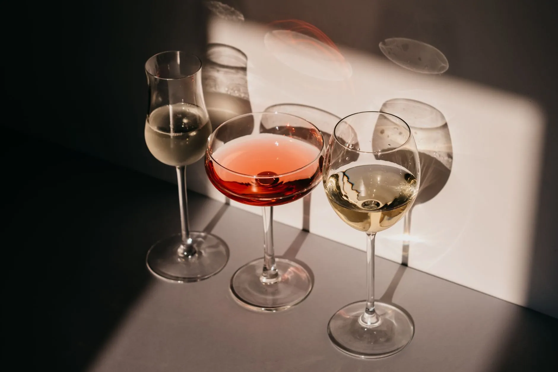 Glasses of white and rosé wine catching late sunlight against a pale wall